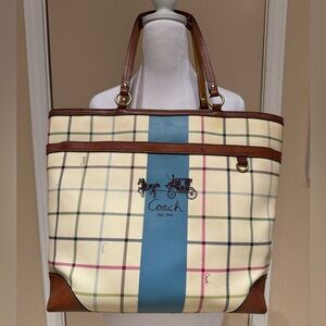 Coach Heritage Blue Stripe Tattersall
Coated Canvas Tote 12557 Cream and Blue